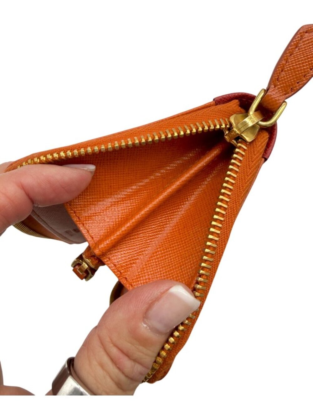 Prada Orange/Red Saffiano Leather Bicolor Zip Around Wallet featuring a gold log - Picture 3 of 12